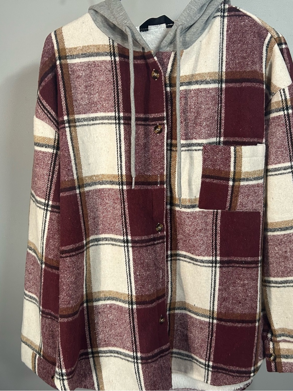 Plaid Hooded Shacket Jacket in Burgundy and Cream
